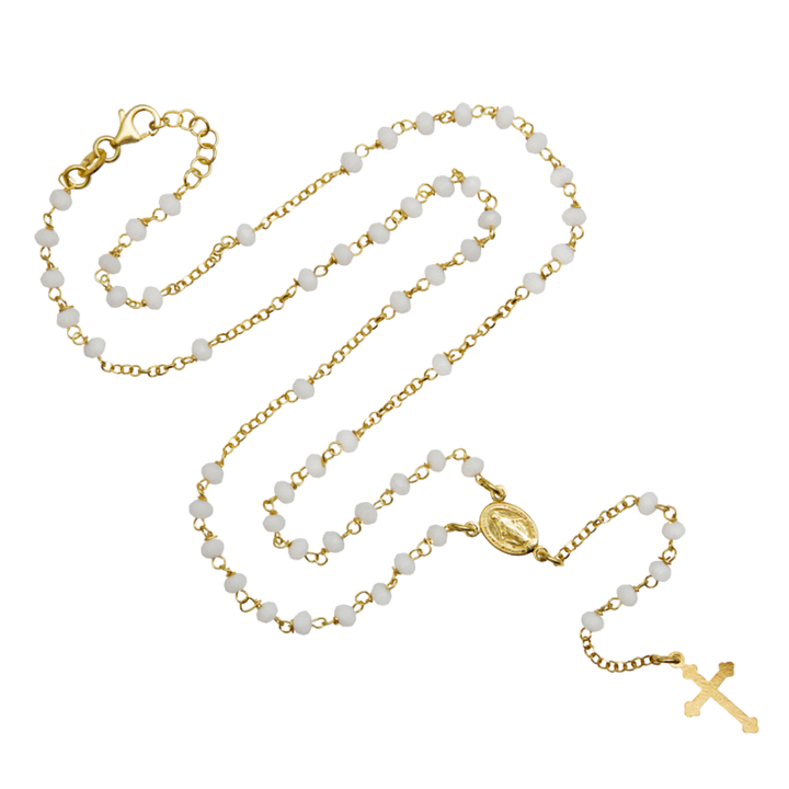 WHITE CRYSTAL ROSARY NECKLACE - VERMEIL SILVER