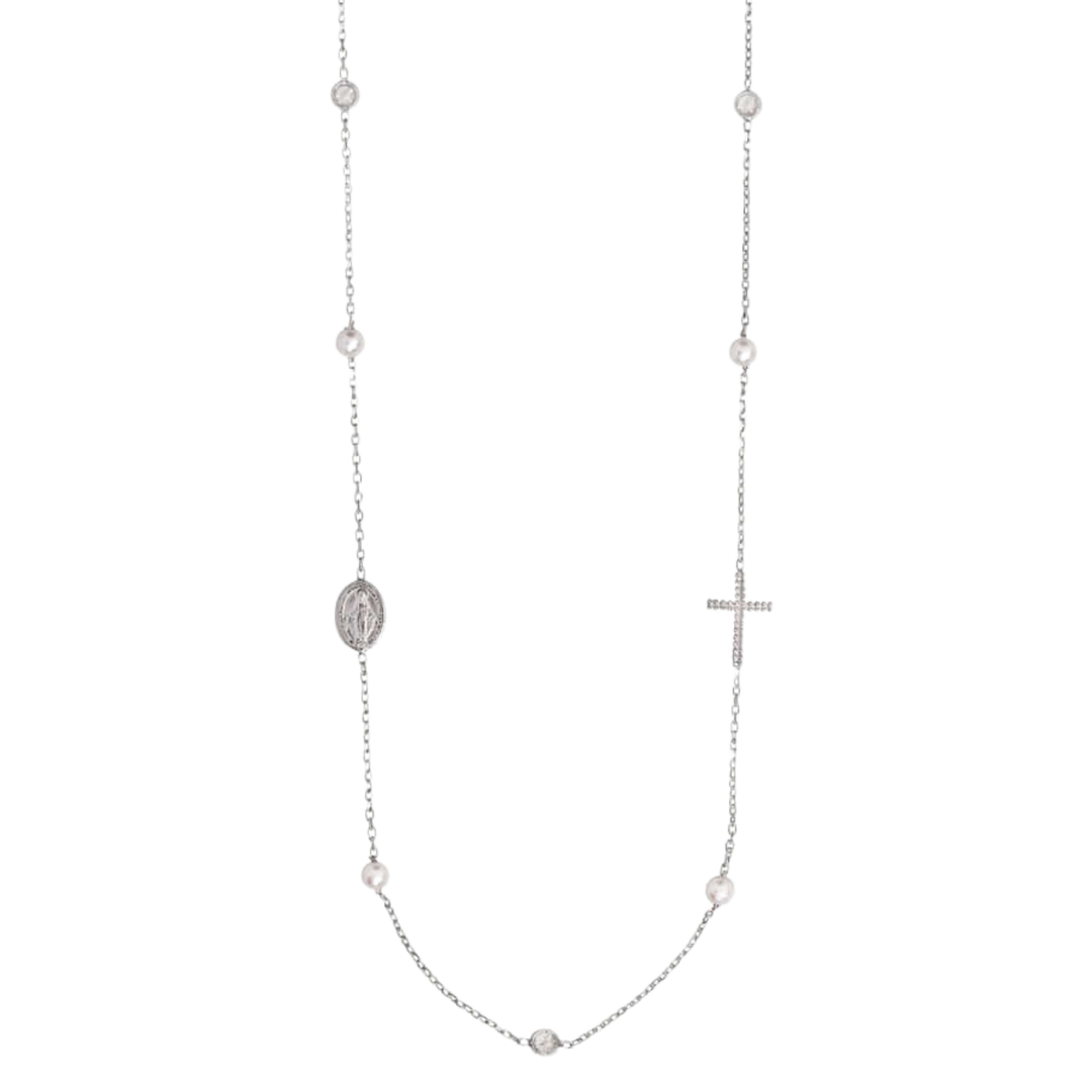 MIRACULOUS CROSS - PEARL AND CRYSTAL NECKLACE - SILVER