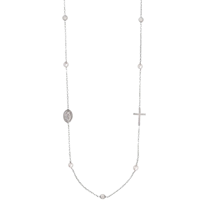 MIRACULOUS CROSS - PEARL AND CRYSTAL NECKLACE - SILVER