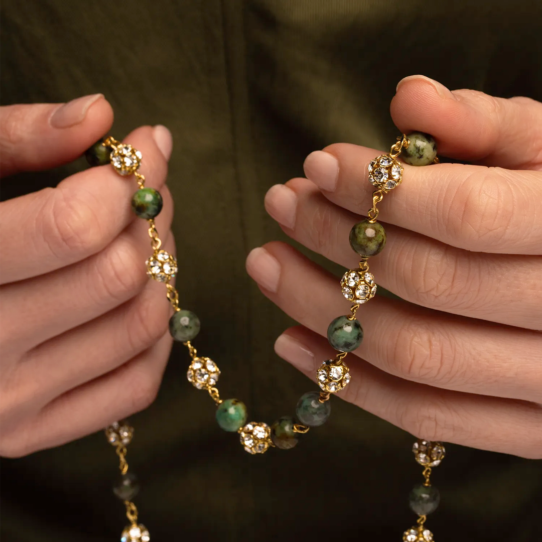 AFRICAN TURQUOISE ROSARY AND STRASS BALL - VERMEIL SILVER