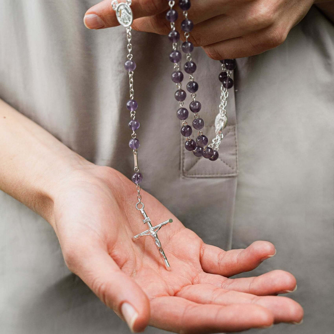AMETHYST BEAD ROSARY - SILVER