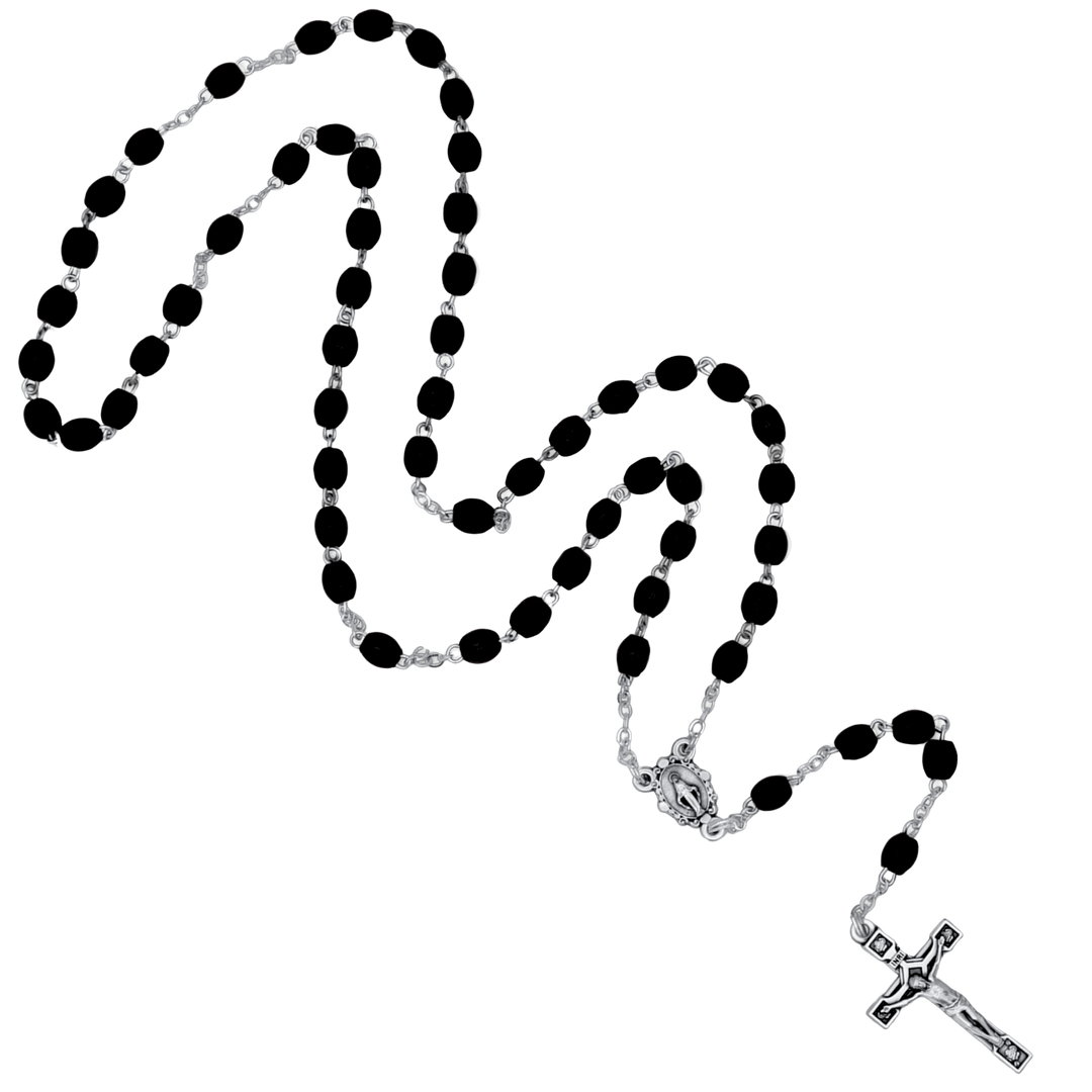BLACK WOOD BEAD ROSARY - METAL
