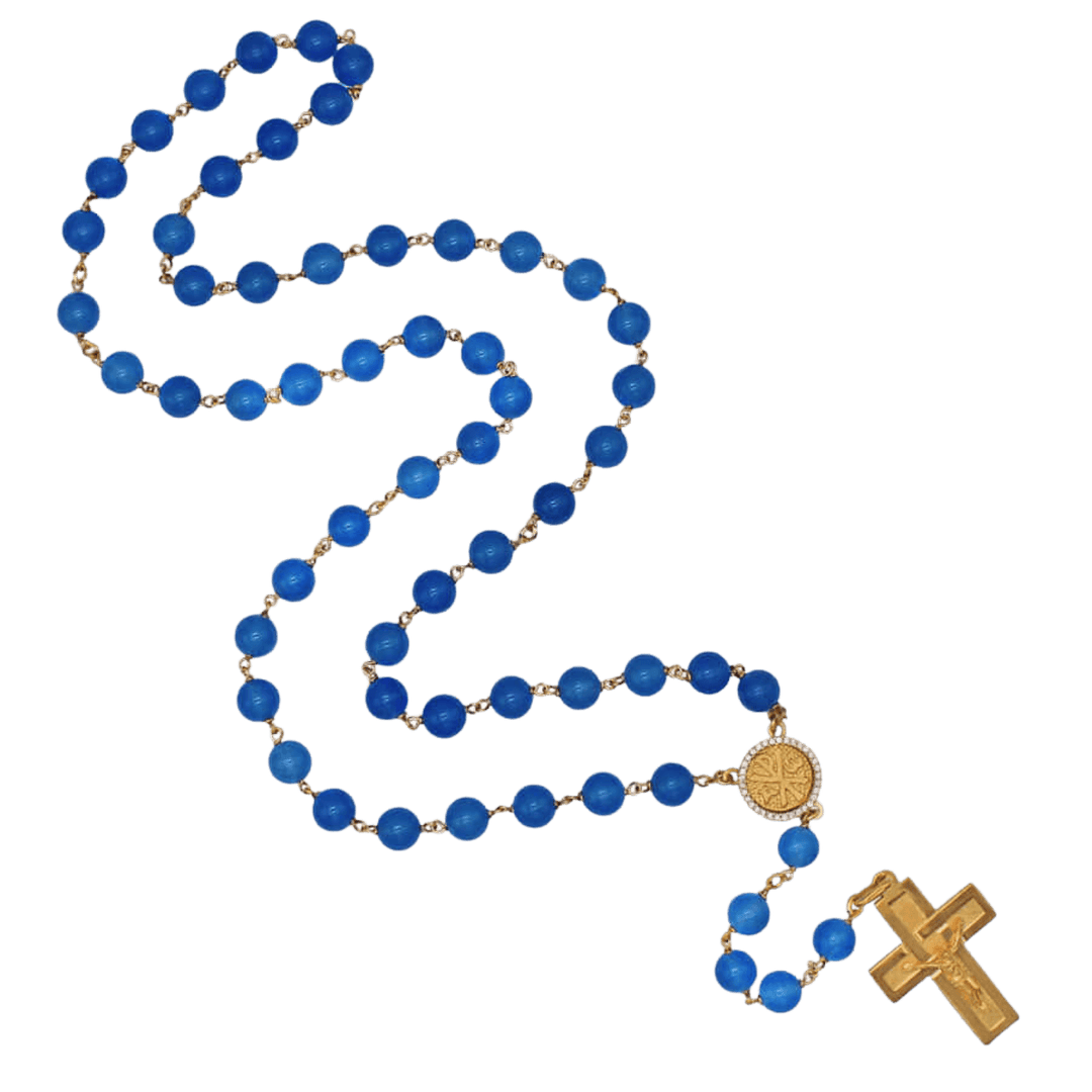 BLUE AGATE BEADED ROSARY - VERMEIL SILVER
