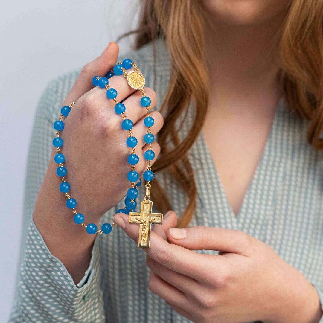 BLUE AGATE BEADED ROSARY - VERMEIL SILVER