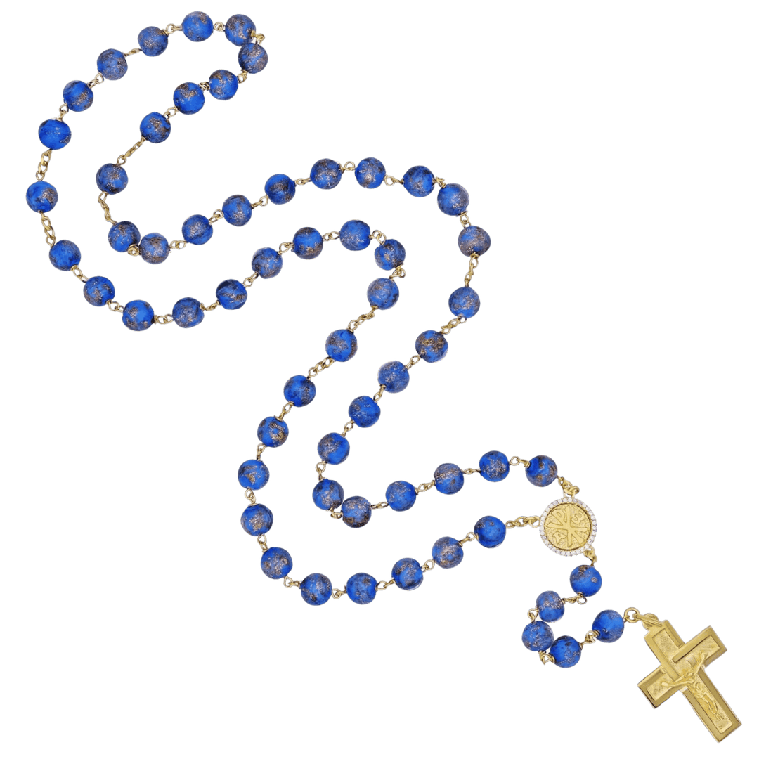 BLUE GLASS BEAD ROSARY - VERMEIL SILVER