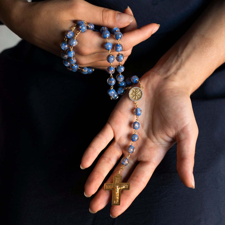 BLUE GLASS BEAD ROSARY - VERMEIL SILVER
