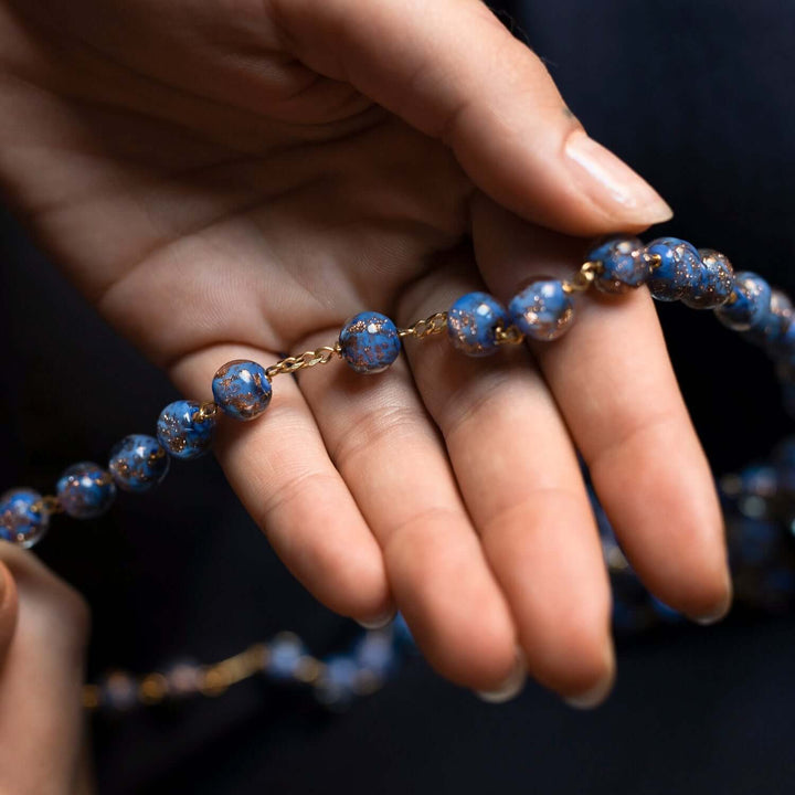 BLUE GLASS BEAD ROSARY - VERMEIL SILVER