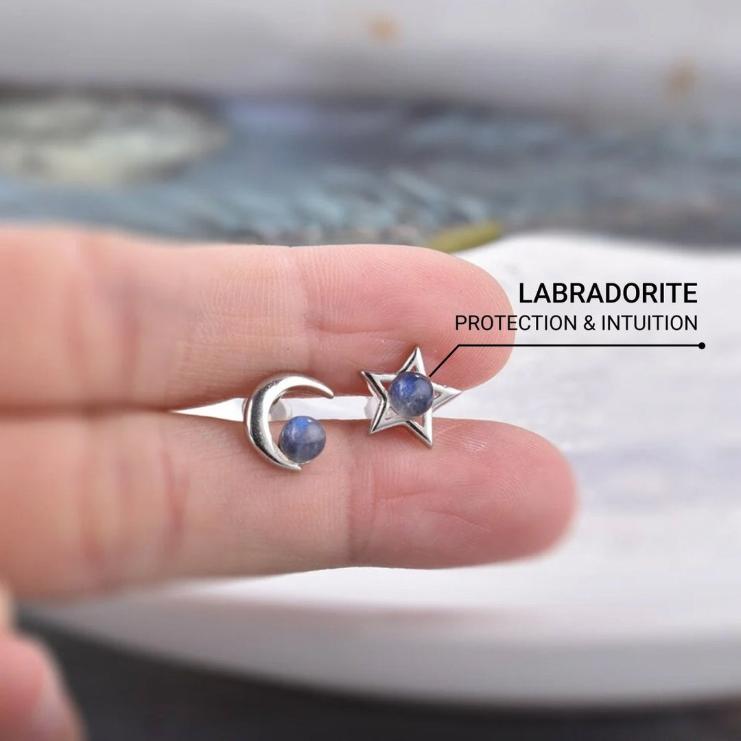 "Luna Star" Earrings in Labradorite & Silver Metal