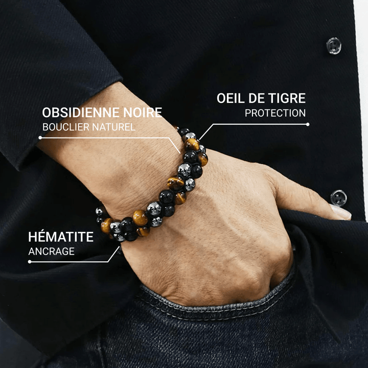 "Triple Protection" Braided Bracelet in Hematite, Tiger's Eye & Obsidian