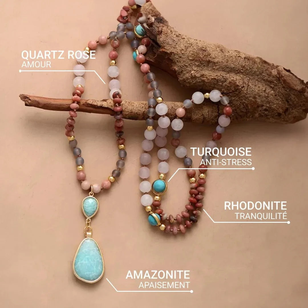 Ethnic Mala Necklace in Turquoise, Amazonite, Rose Quartz & Rhodonite