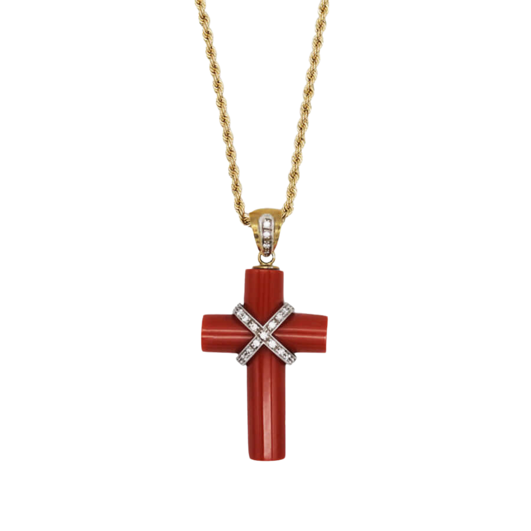 CORAL CROSS PENDANT NECKLACE WITH DIAMONDS - GOLD