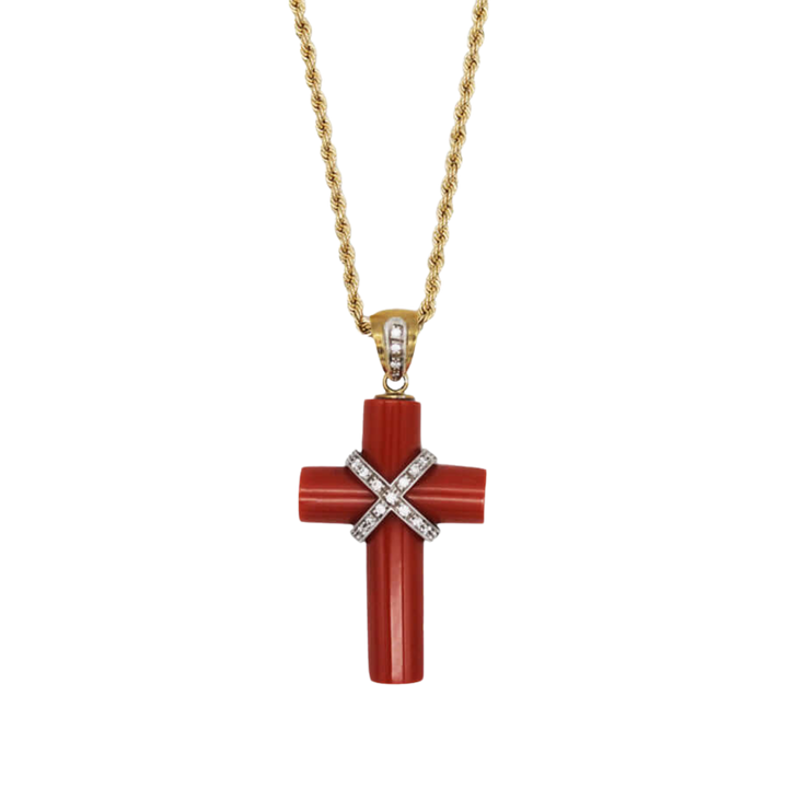 CORAL CROSS PENDANT NECKLACE WITH DIAMONDS - GOLD