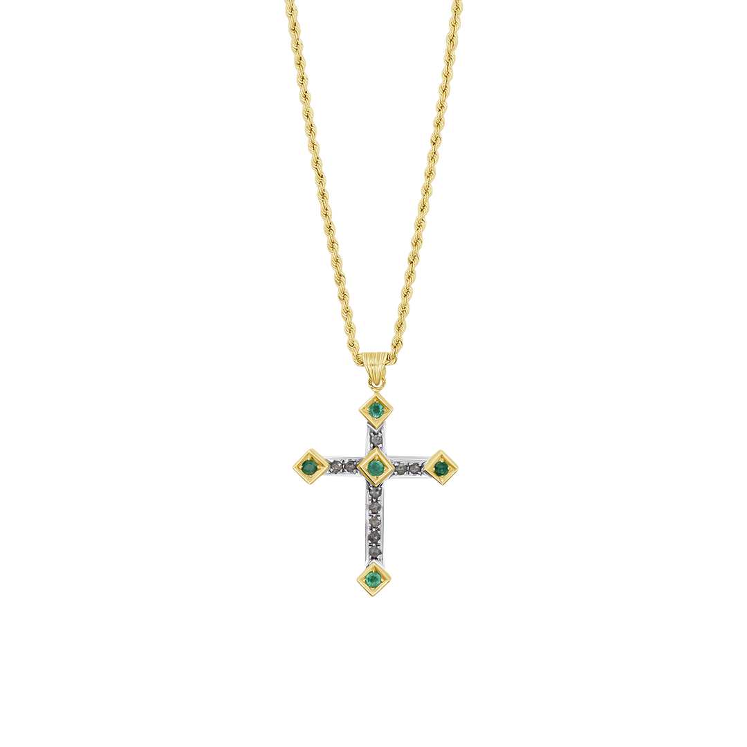 CROSS DIAMOND NECKLACE - EMERALD AND GOLD