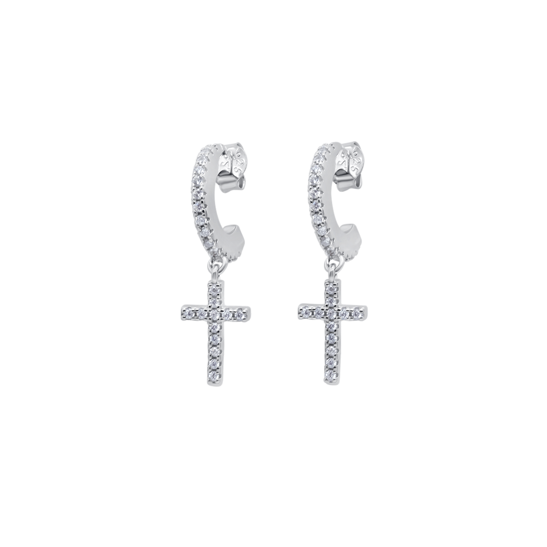 CROSS HOOP EARRINGS - SILVER - ZIRCONIA