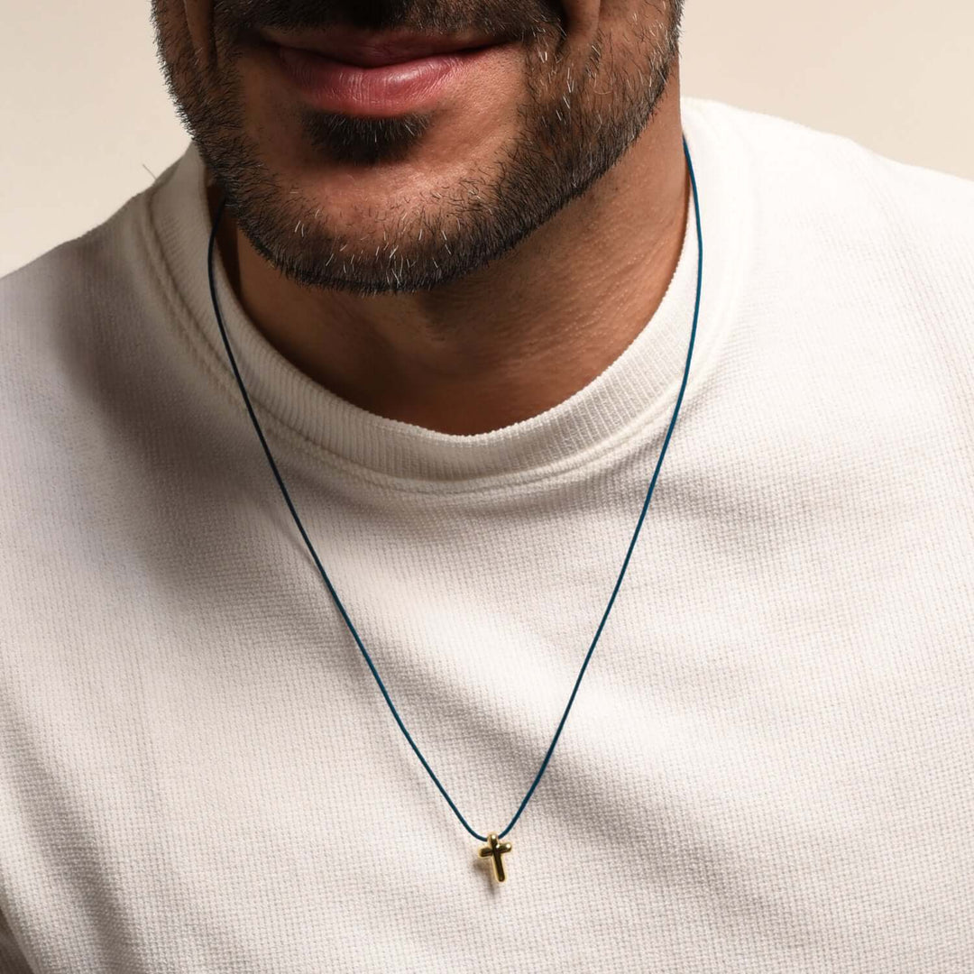 CROSS NECKLACE - BLUE ROPE AND GOLD SILVER