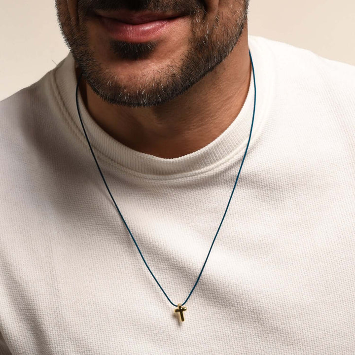 CROSS NECKLACE - BLUE ROPE AND GOLD SILVER