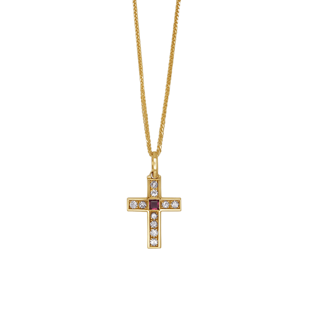 CROSS NECKLACE - DIAMONDS AND RUBY - GOLD