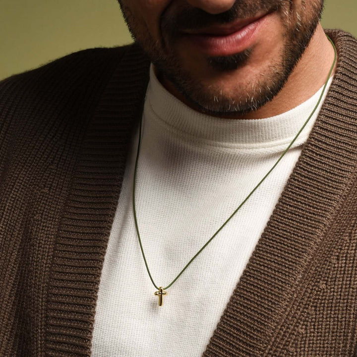 CROSS NECKLACE - GREEN ROPE AND GOLD SILVER