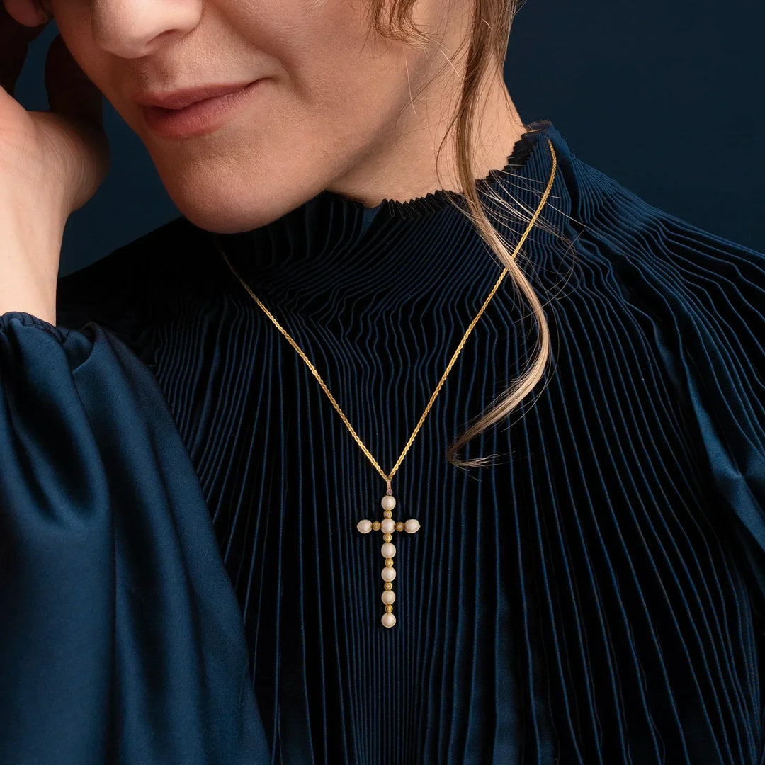 CROSS NECKLACE - PEARLS AND GOLD