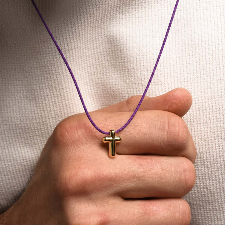 CROSS NECKLACE - PURPLE ROPE AND GOLD SILVER