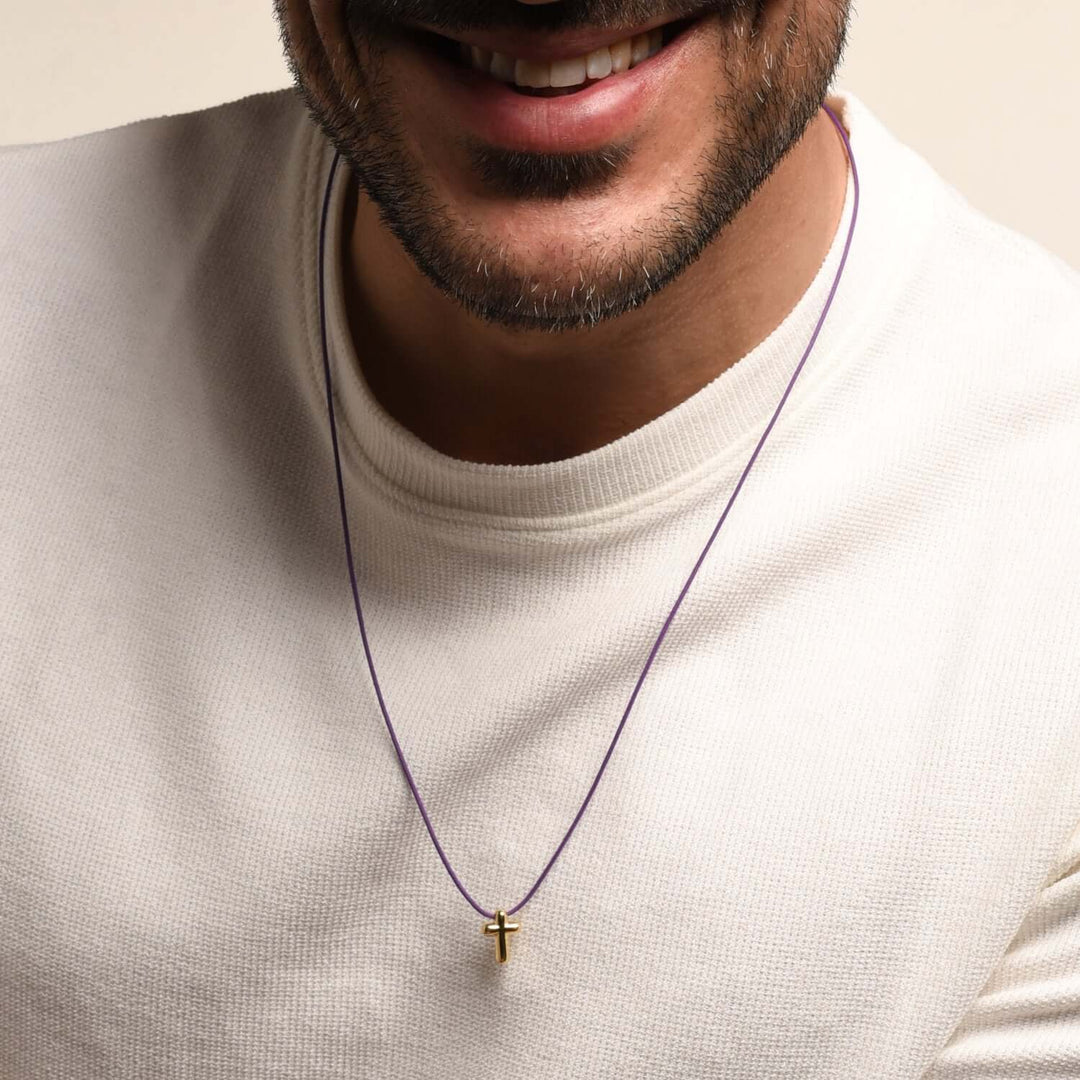 CROSS NECKLACE - PURPLE ROPE AND GOLD SILVER