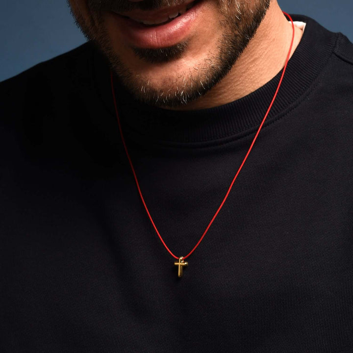 CROSS NECKLACE - RED ROPE AND GOLD SILVER