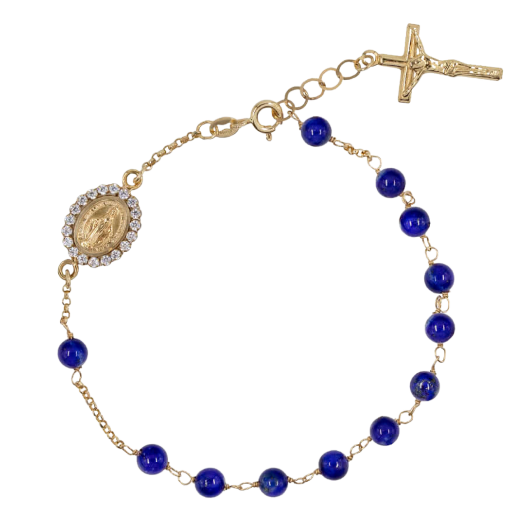 LAPIS LAZULI BEAD ROSARY BRACELET - GOLD