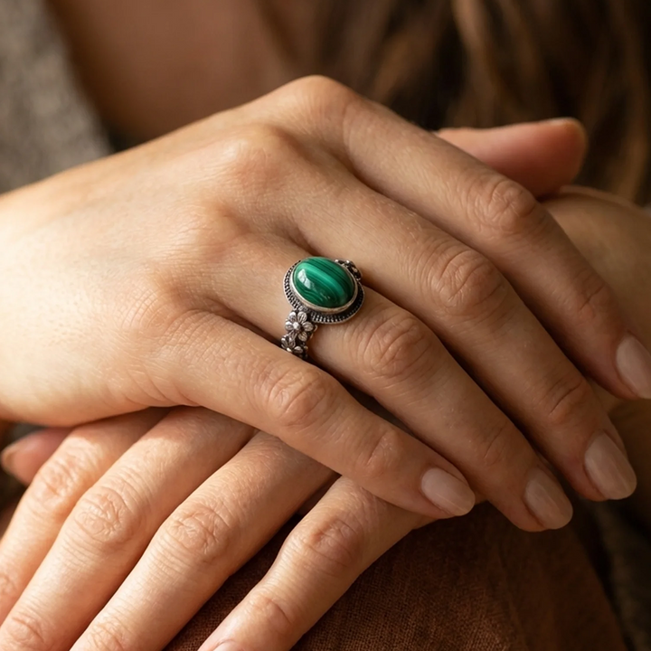 "Transformation Flower" Ring in Malachite
