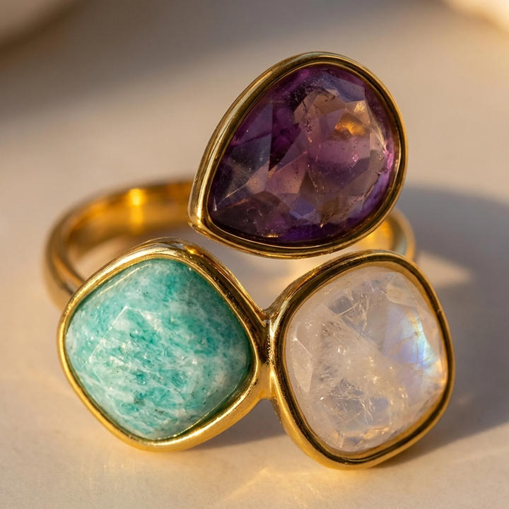 "Soft Dawn" Ring in Amazonite, Rose Quartz & Amethyst