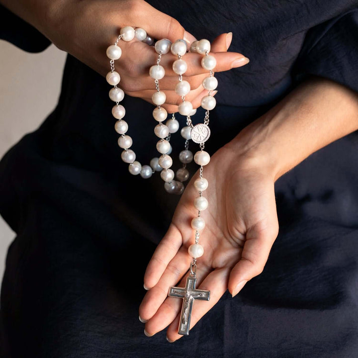 LARGE PEARL ROSARY - SILVER