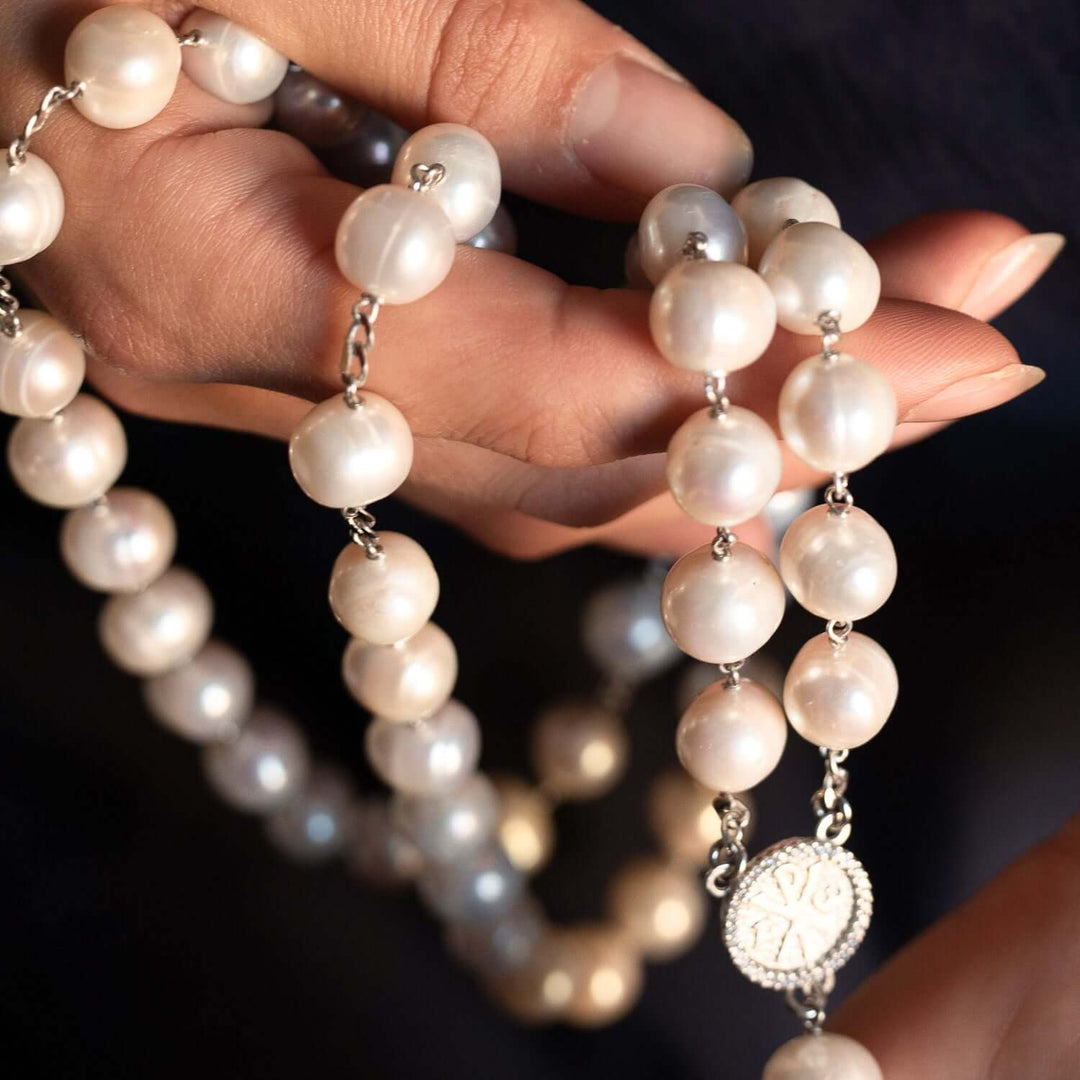 LARGE PEARL ROSARY - SILVER
