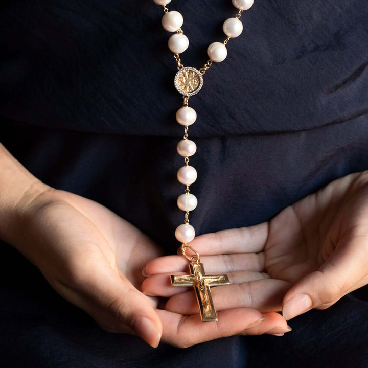 LARGE PEARL ROSARY - VERMEIL SILVER