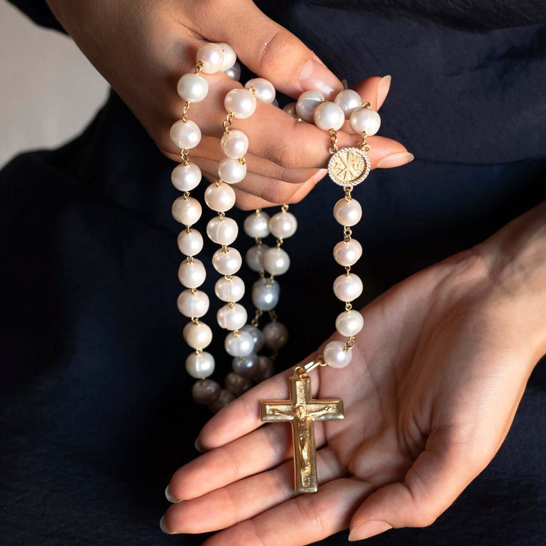 LARGE PEARL ROSARY - VERMEIL SILVER