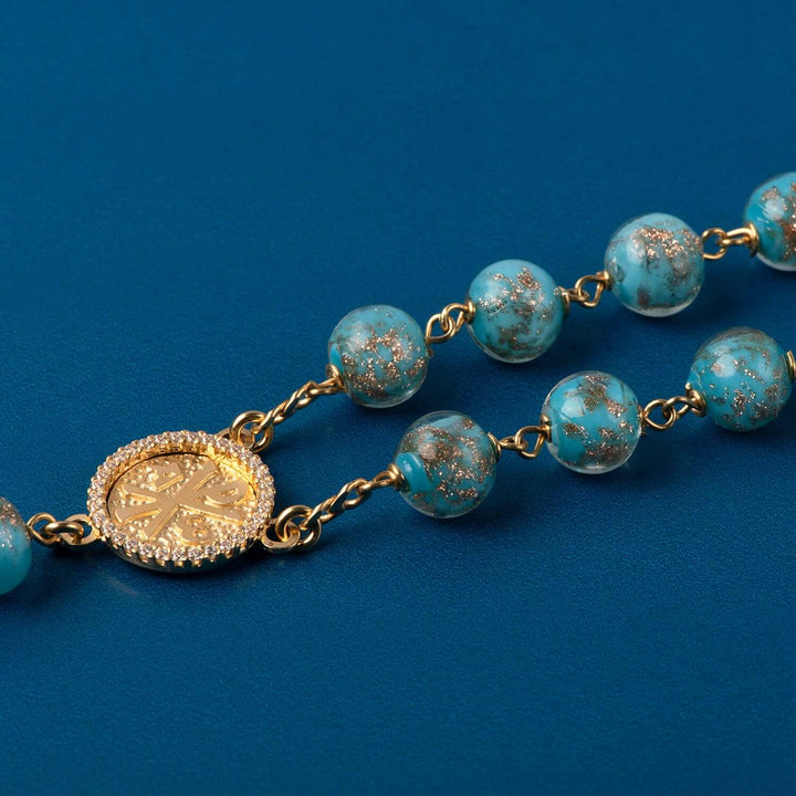 LIGHT BLUE GLASS BEAD ROSARY - VERMEIL SILVER