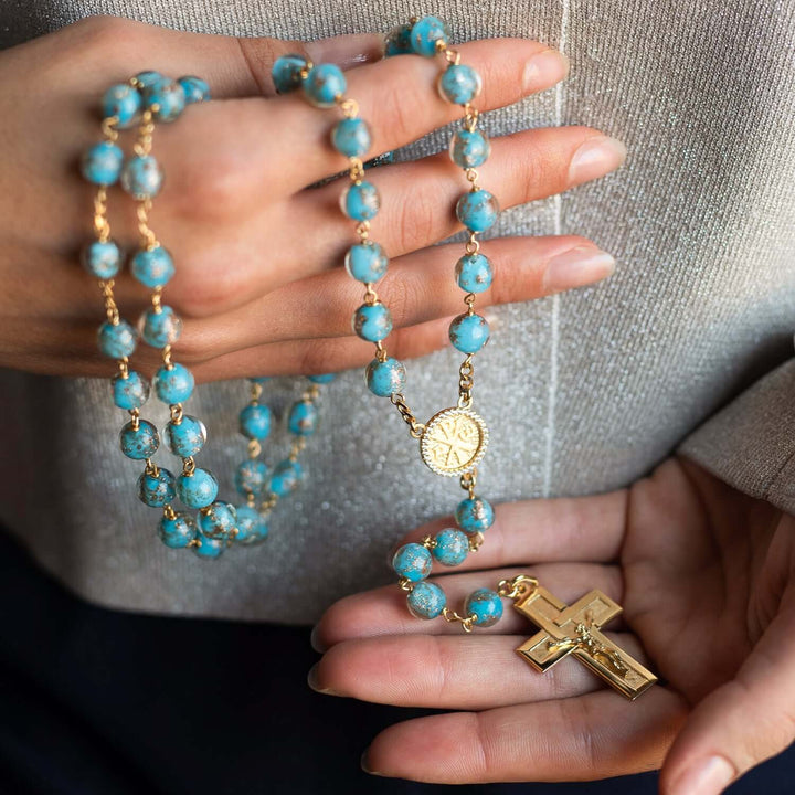 LIGHT BLUE GLASS BEAD ROSARY - VERMEIL SILVER
