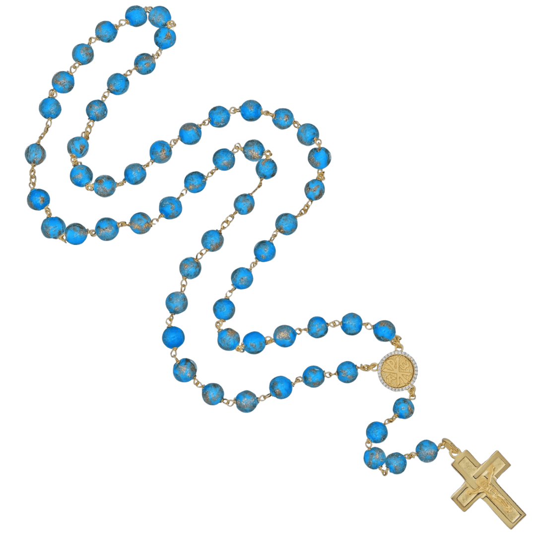 LIGHT BLUE GLASS BEAD ROSARY - VERMEIL SILVER