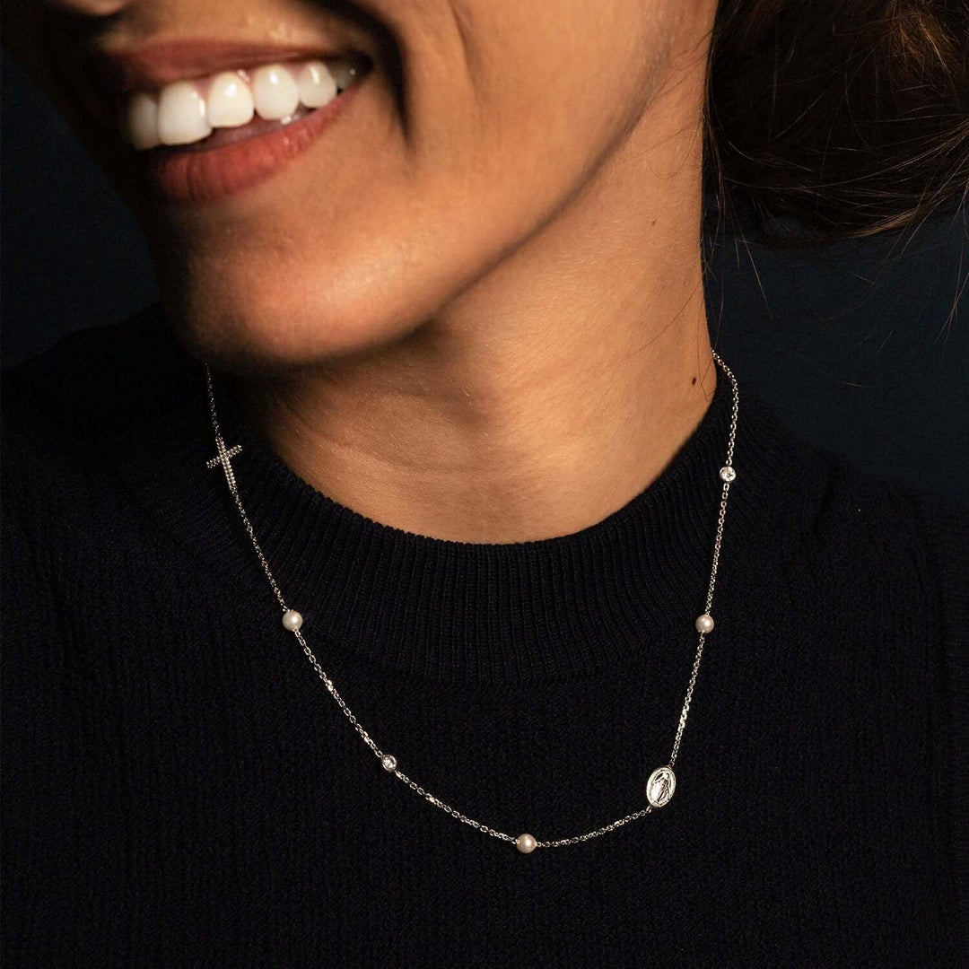 MIRACULOUS CROSS - PEARL AND CRYSTAL NECKLACE - SILVER