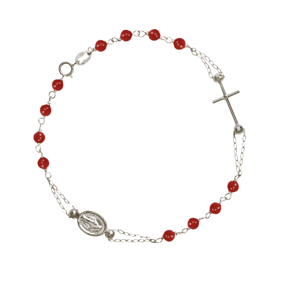 MIRACULOUS IN CROSS - CORAL ROSARY BRACELET - WHITE GOLD