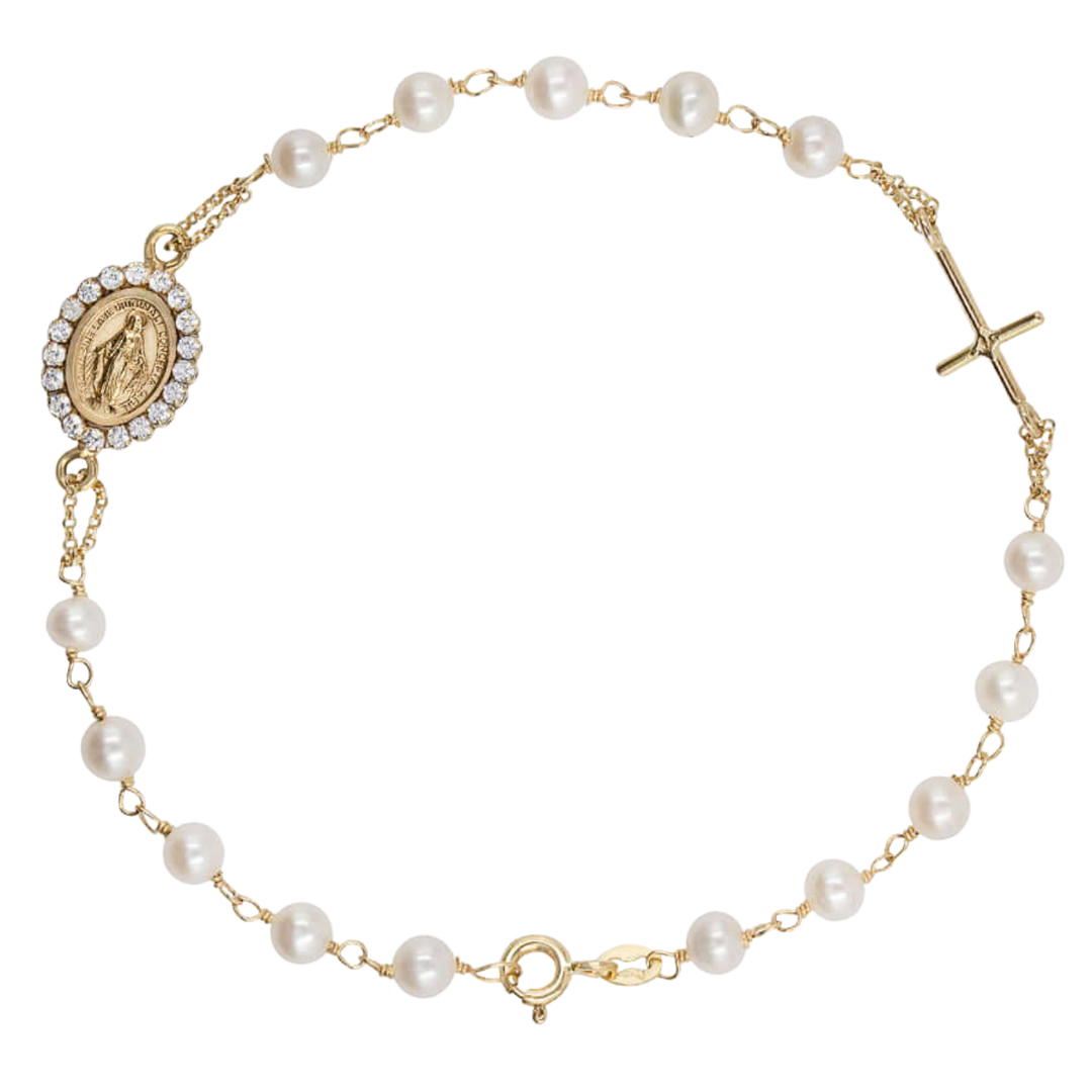 MIRACULOUS MEDAL IN CROSS - CHRISTIAN BRACELET - GOLD AND PEARLS