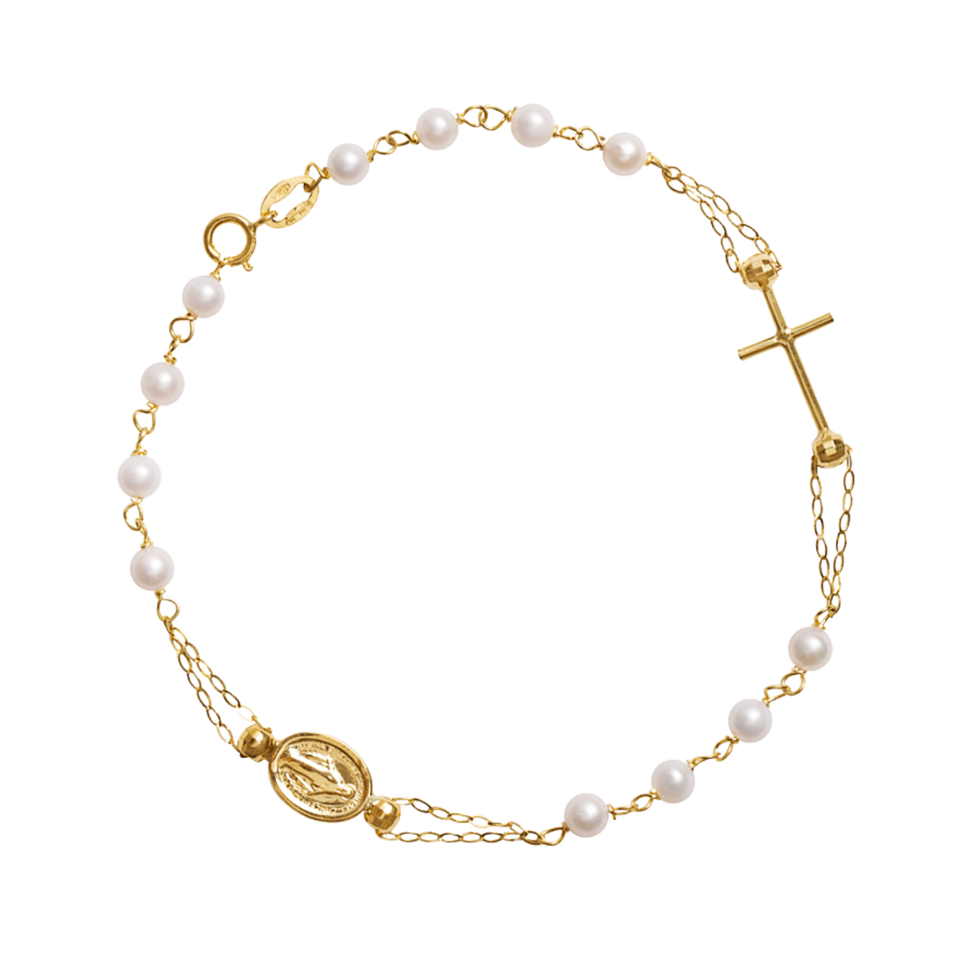 MIRACULOUS AND CROSS - PEARL ROSARY BRACELET - GOLD