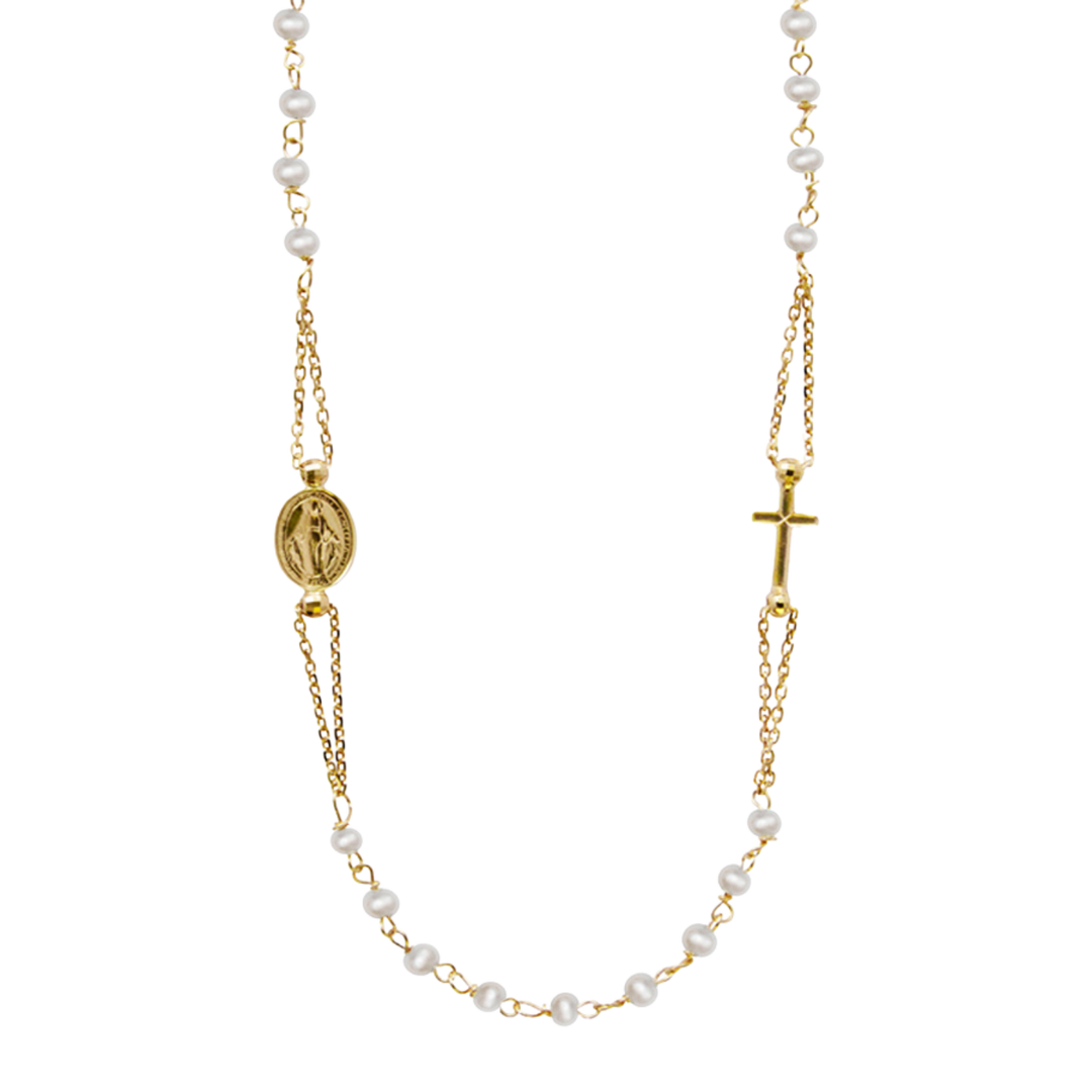 MIRACULOUS AND CROSS - PEARL NECKLACE - GOLD