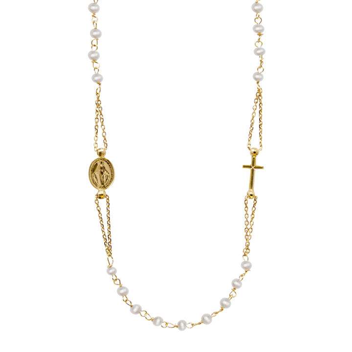 MIRACULOUS AND CROSS - PEARL NECKLACE - GOLD