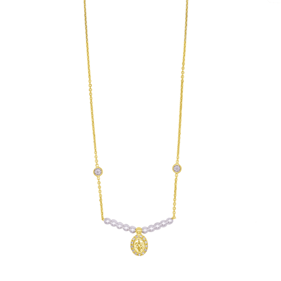 MIRACULOUS MEDAL NECKLACE - GOLDEN SILVER AND PEARLS