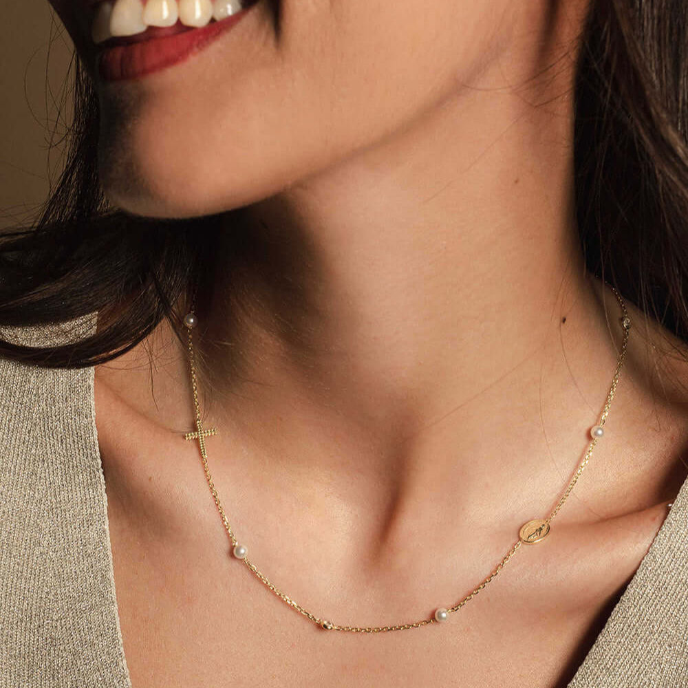 MIRACULOUS CROSS - PEARL AND CRYSTAL NECKLACE - VERMEIL SILVER