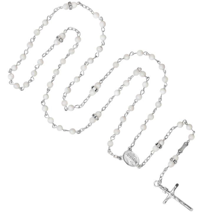 MOTHER OF PEARL AND SWAROVSKI ROSARY - SILVER