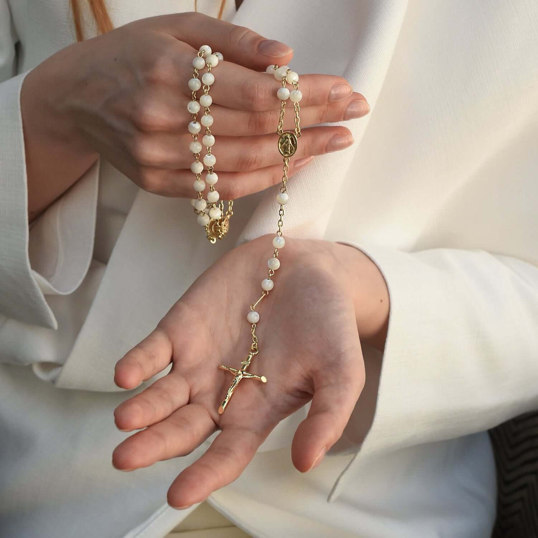 MOTHER OF PEARL ROSARY - VERMEIL SILVER