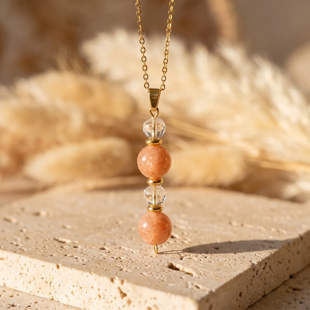 "Aube Claire" Pendant in Sunstone and Rock Crystal