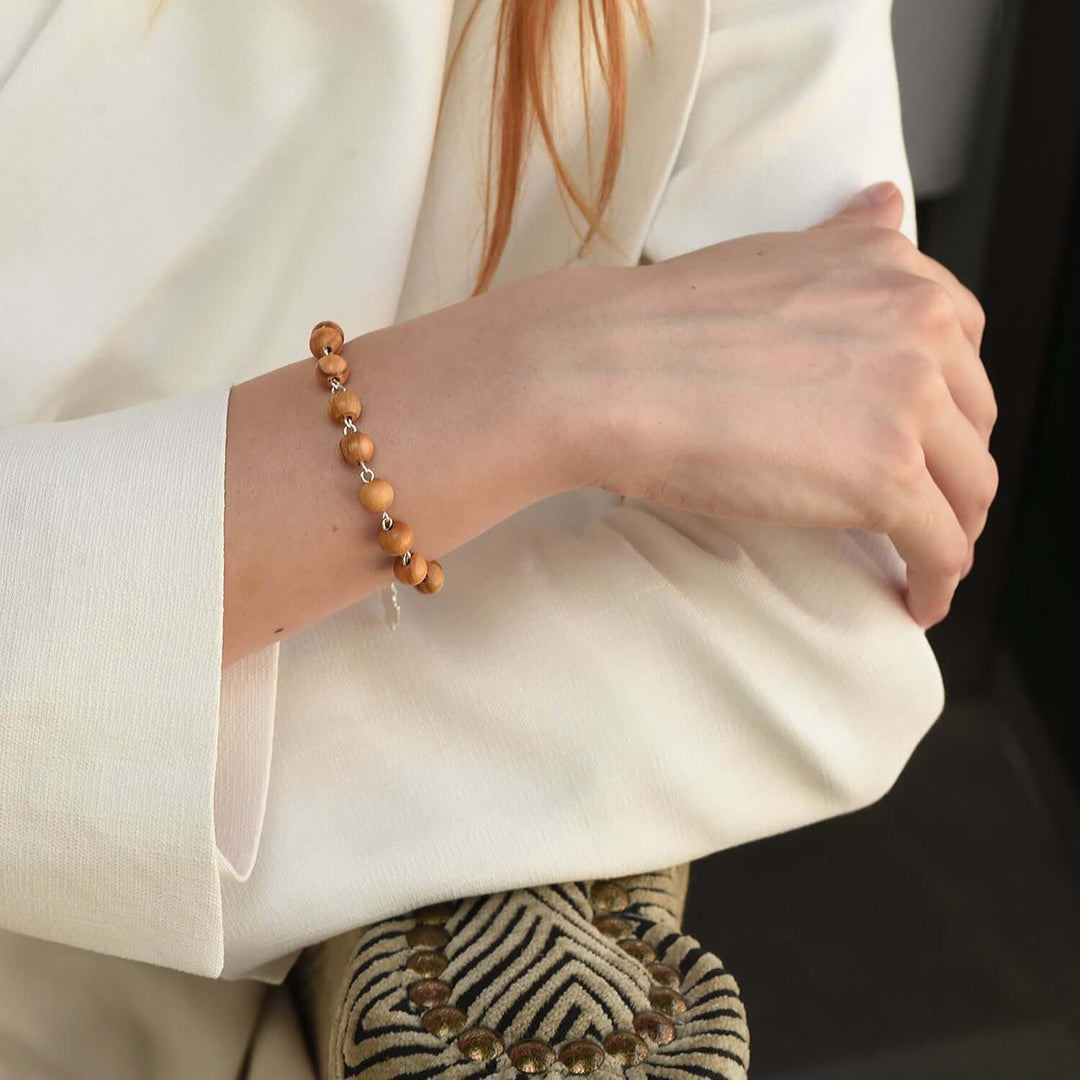 OLIVE WOOD ROSARY BEAD BRACELET - SILVER