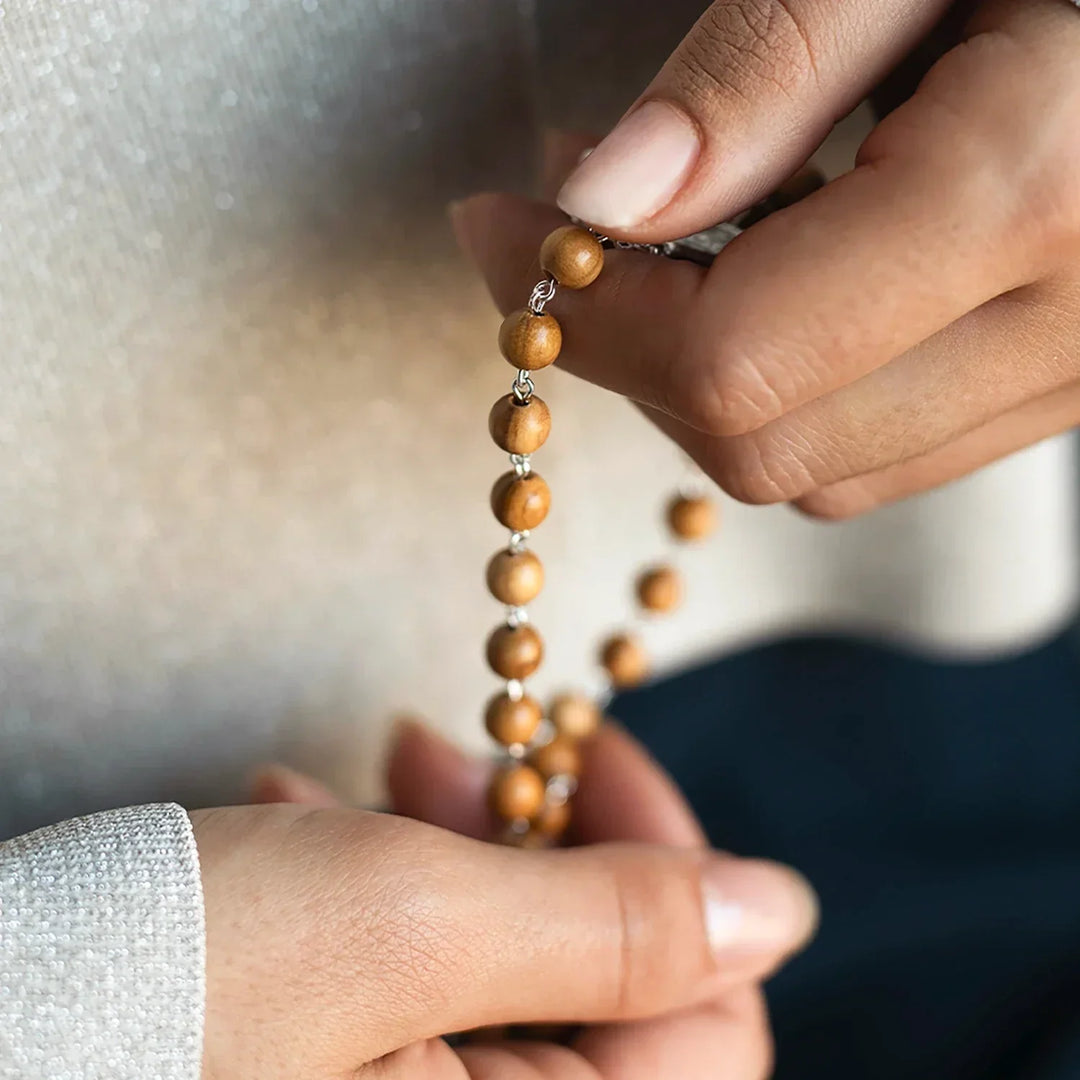 OLIVE WOOD ROSARY - SILVER