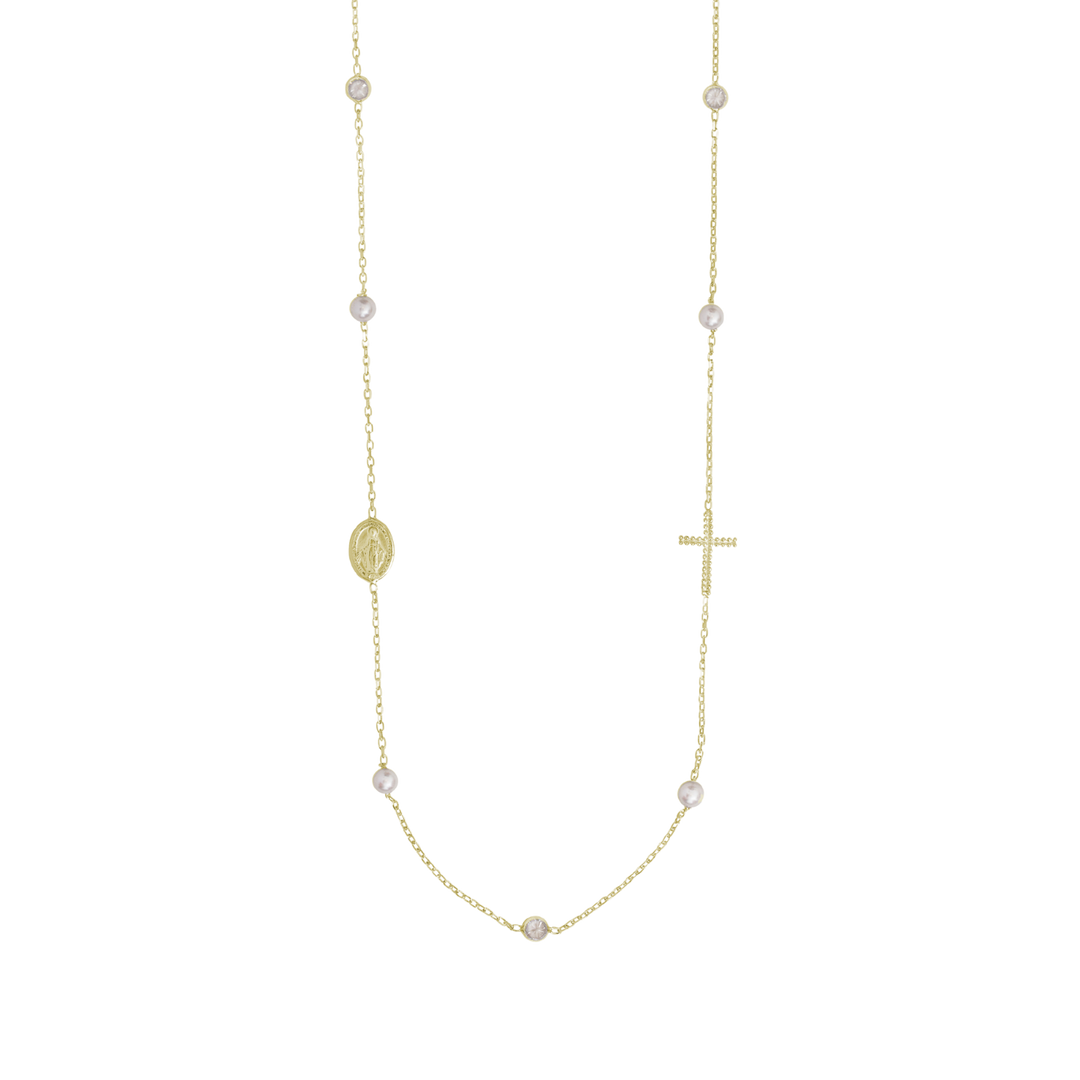 MIRACULOUS CROSS - PEARL AND CRYSTAL NECKLACE - VERMEIL SILVER